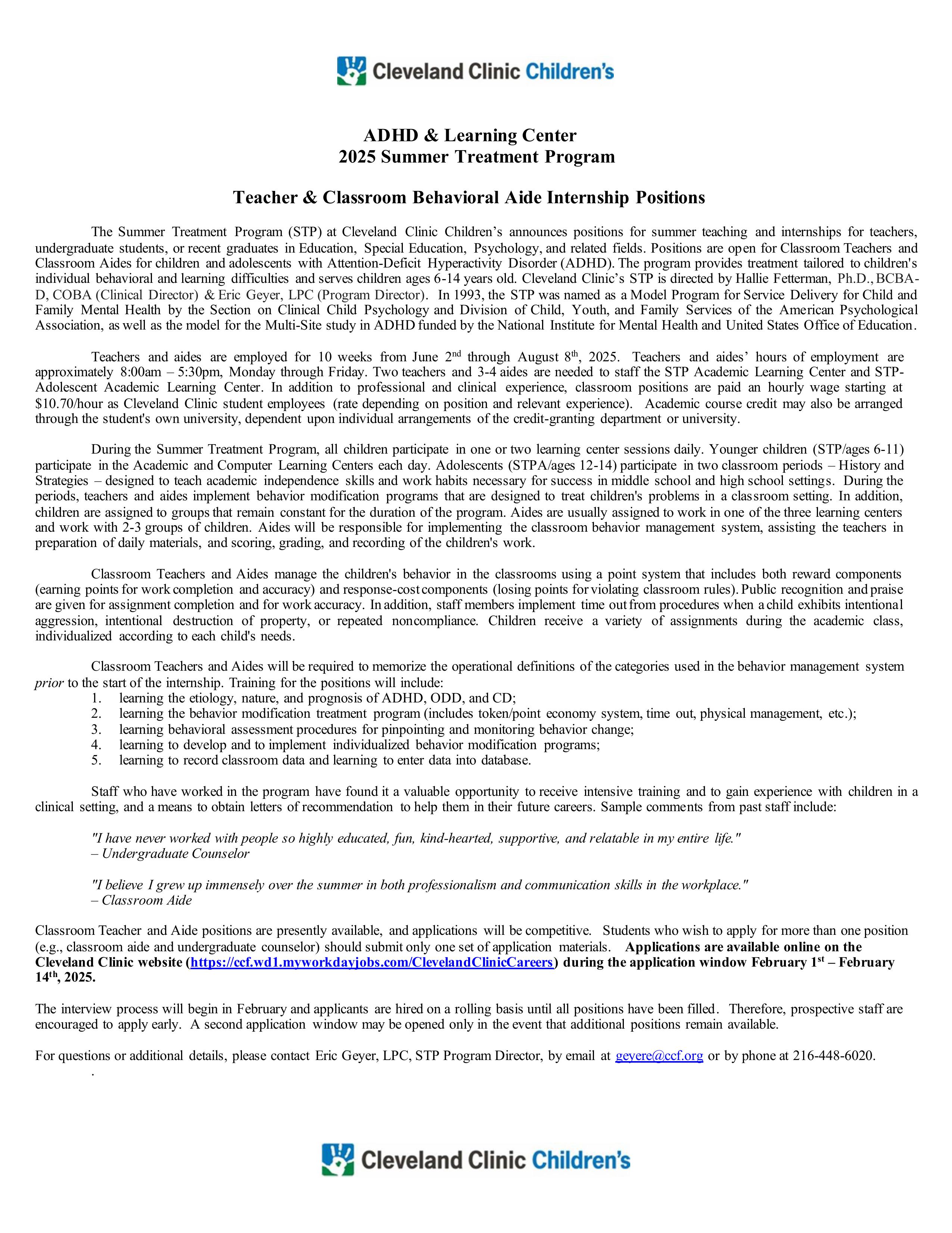 Long description for Teaching Internship position for summer 2025 with Cleveland Clinic