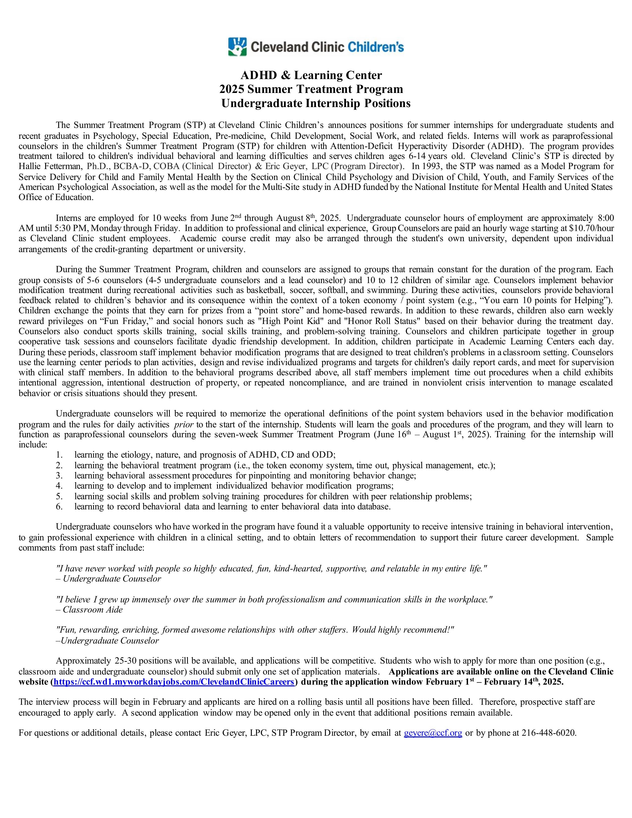 Long description for Undergraduate Internship position for summer 2025 with Cleveland Clinic