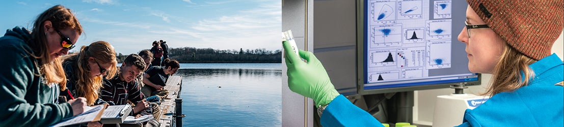 Multiple EVS students documenting field research near lake. BIO Student in laboratory measuring chemical solution.