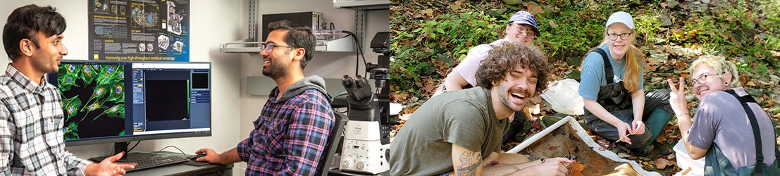 Two BIO students in a classroom discussing work viewing desktop. Group of EVS students conducting field research in a forested area.