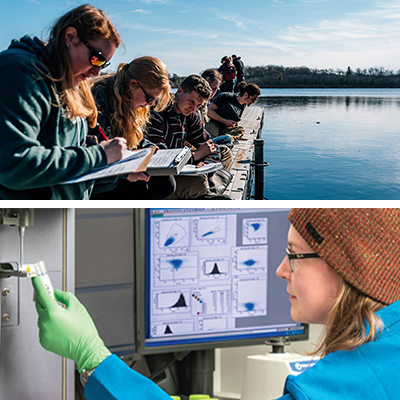 Multiple EVS students documenting field research near lake. BIO Student in laboratory measuring chemical solution.