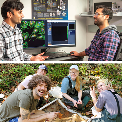 Two BIO students in a classroom discussing work viewing desktop. Group of EVS students conducting field research in a forested area.