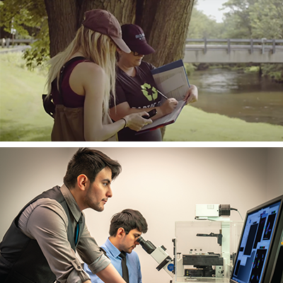 Two EVS students documenting research outside. Two BIO students in a room conducting lab research.