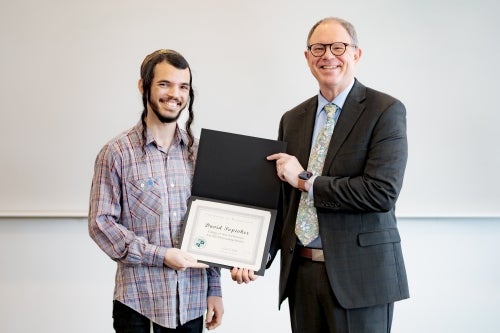 A&S 2025 Fall Outstanding Scholar David Popivker pictured with Dean Andy Kersten