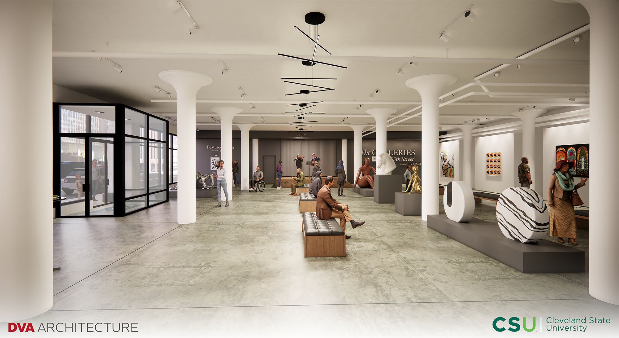 Rendering of the new Galleries on East 13th Street. Bright white gallery space with benches, lighting, artwork, and visitors.