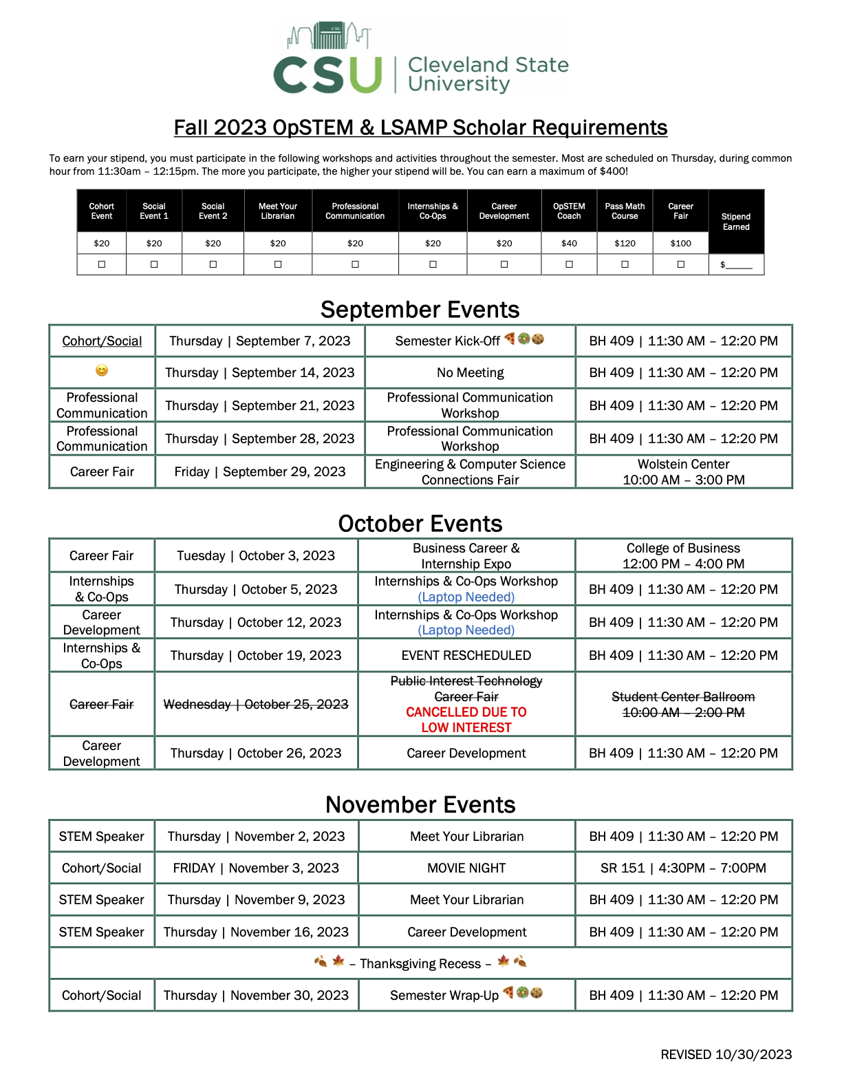 FA23 Scholar Requirement Calendar