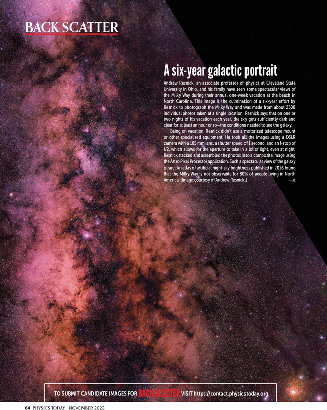 Back Scatter: A six-Year Galactic Portrait. Dr. Andrew Resnick Photographs the Milky Way over 6 years and 2500 composite images