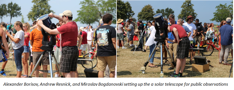 Alexander borisov, andrew resnick, and mirolav bogdanovski settng up the solar telescope for public observations