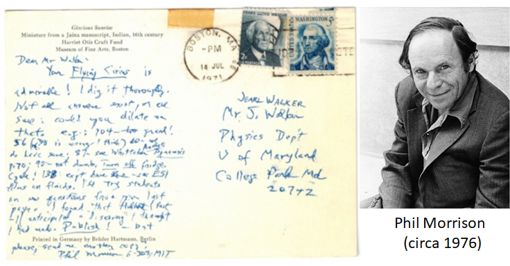 A post card sent from Phil Morrison to Jearl Walker urging him to publish the flying circus of physics book