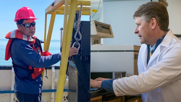 A EVS faculty member in PPE conducting field research on a boat. A BIO faculty member conducting research on a desktop computer in a classroom.