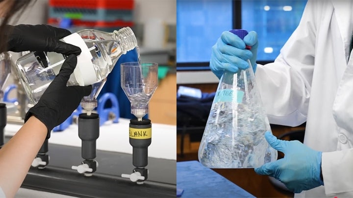 Two students in a laboratory working with chemical solutions.