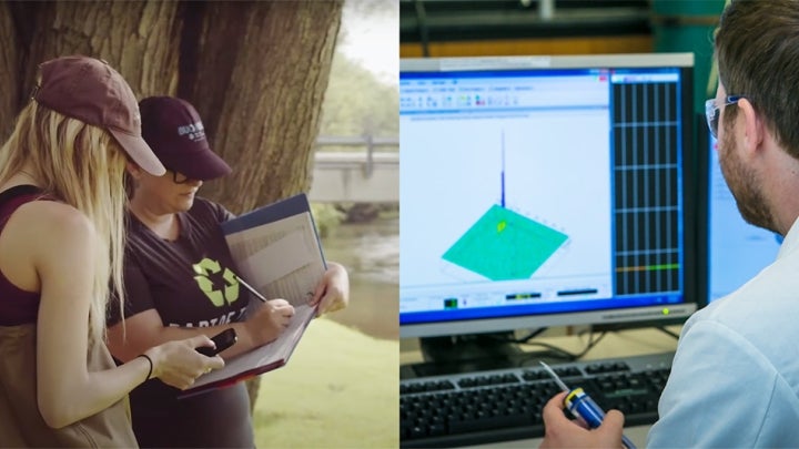 Two EVS students documenting research outside. A BIO student working on a desktop in a classroom.