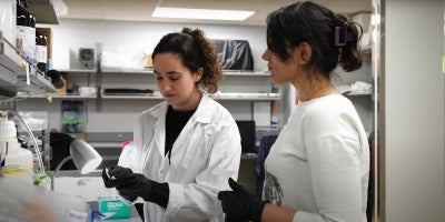 Two EVS students in lab coats conducting research in well-lit laboratory.