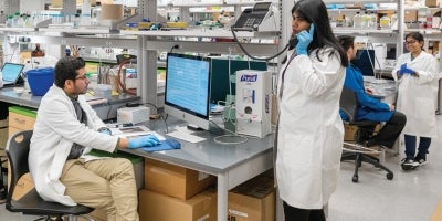 A BIO student in a lab coat answering a telephone and BIO student on the desktop in a lab facility.
