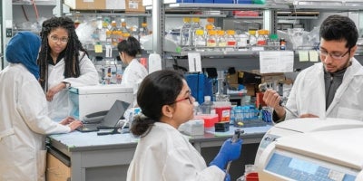 Multiple BIO students in lab coats conducting experiments in a laboratory facility.