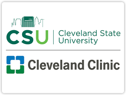 Primary horizontal logo of Cleveland State University and primary logo of Cleveland Clinic.
