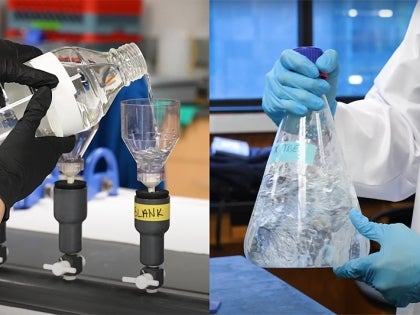 Two students in a laboratory working with chemical solutions.