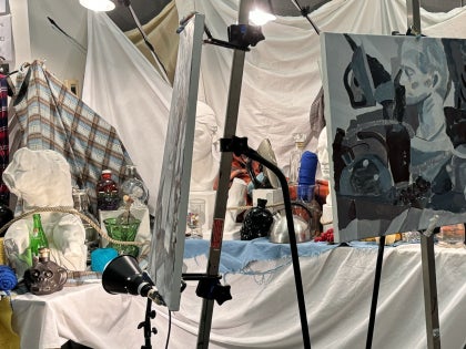 Still life arrangement in a painting studio.