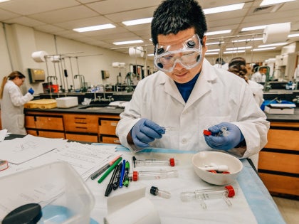 A student in a white lab coat working on research in a lab.