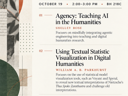 Flyer: The event will feature three short presentations exploring digital humanities and AI