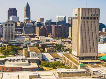 A wide shot view of the CSU campus and Rhodes Tower.
